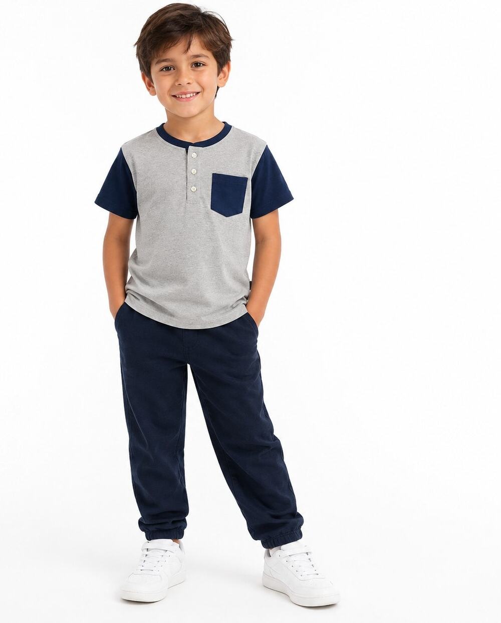 Airwalk Boys Small Gray Navy Colorblock Short Sleeve Henley Pocket T-Shirt EUC
